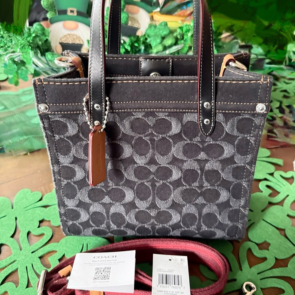 Coach Field Signature Black and Gray Denim Tote 22
